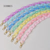 A set of colorful, adjustable detachable chain shoulder bags in various shades of pink, blue, green, and yellow.