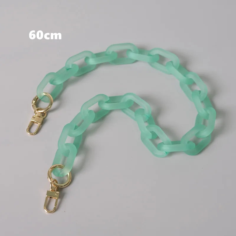 A light green adjustable detachable chain shoulder bag with a 60cm length.