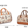 A beige PU leather travel duffel bag with a striped pattern shown in large and small sizes.