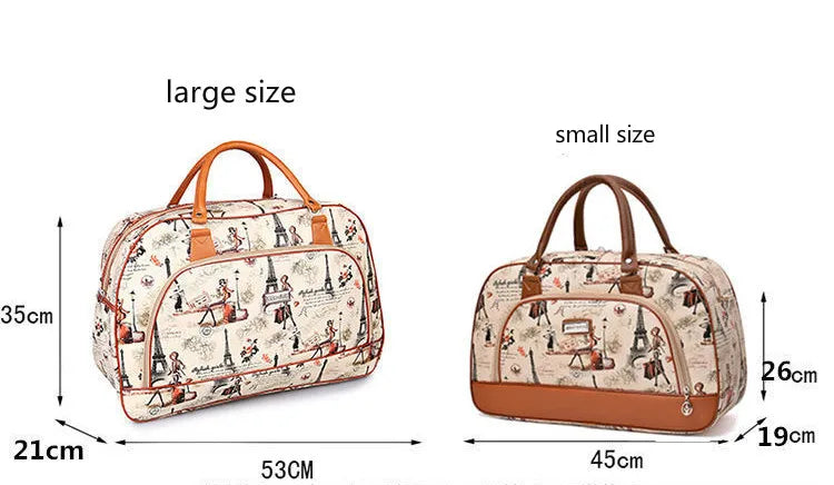 A beige PU leather travel duffel bag with a striped pattern shown in large and small sizes.