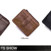 Three genuine leather RFID blocking card holders in coffee brown, brown, and black displayed diagonally.
