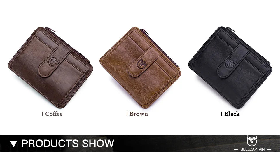 Three genuine leather RFID blocking card holders in coffee brown, brown, and black displayed diagonally.