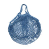 A light blue reusable organic cotton mesh grocery tote bag with a drawstring closure.