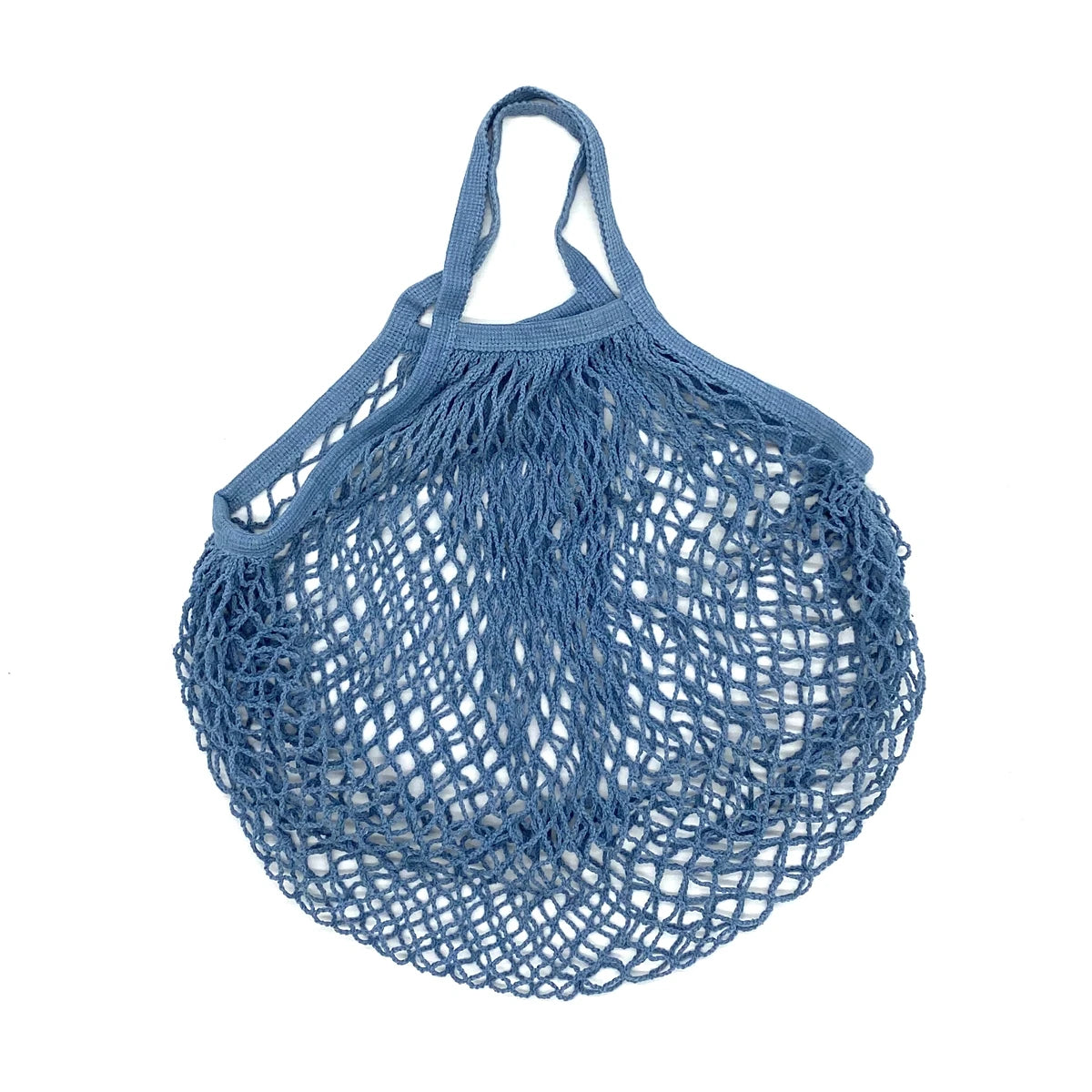 A light blue reusable organic cotton mesh grocery tote bag with a drawstring closure.
