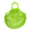 A bright lime green reusable organic cotton mesh grocery tote bag with a drawstring closure.