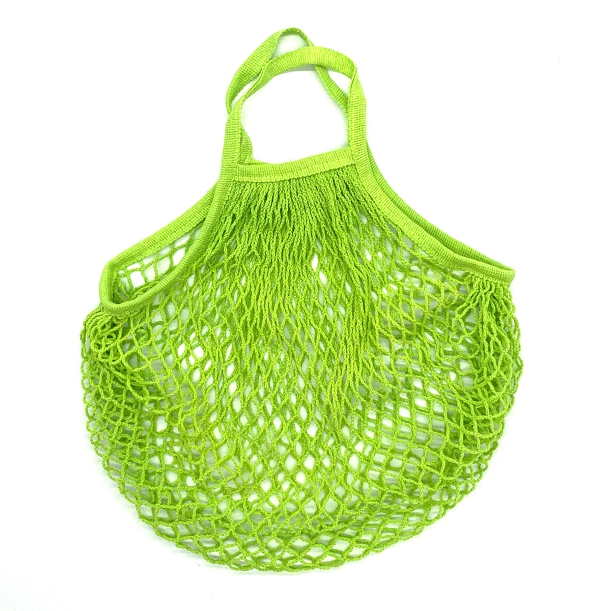A bright lime green reusable organic cotton mesh grocery tote bag with a drawstring closure.