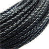 Close-up view of black braided leather cord used for jewelry making