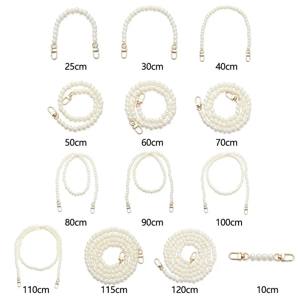 A collection of pearl straps in various lengths for handbags and purses, ranging from 10cm to 115cm.