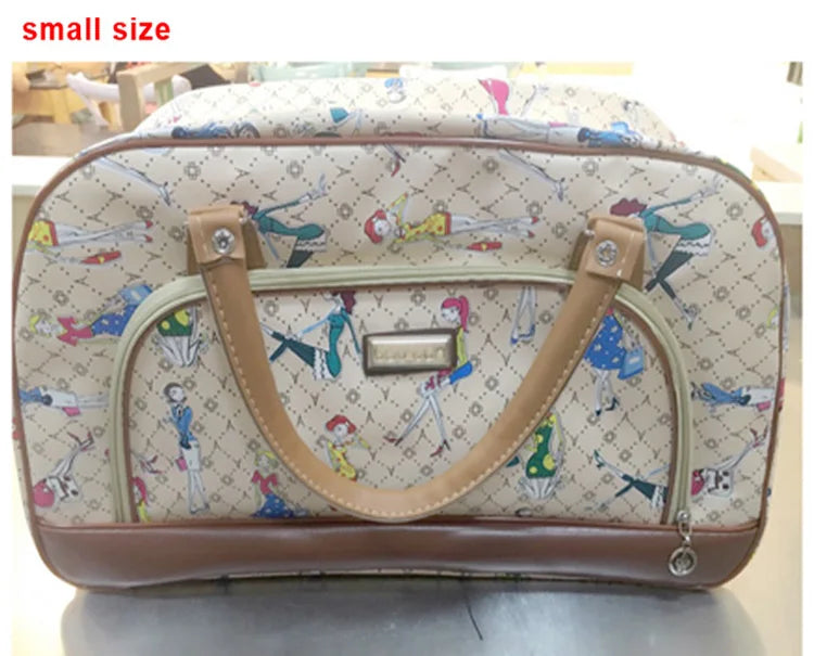 A small size beige and patterned PU leather travel duffel bag with brown trim.