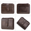 Brown genuine leather RFID blocking card holder shown in multiple views