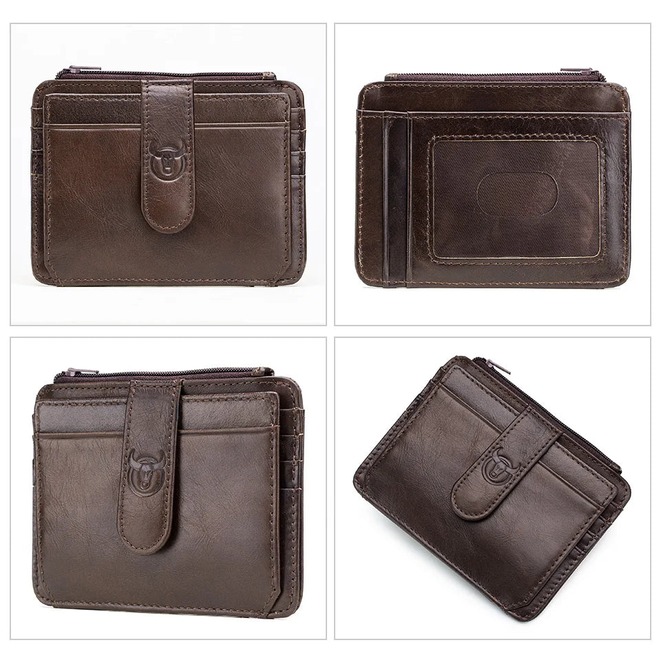 Brown genuine leather RFID blocking card holder shown in multiple views
