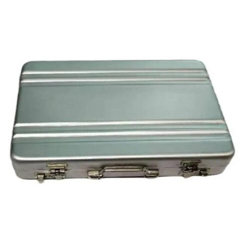 Silver aluminum credit card and ID holder case with a hinged lid.