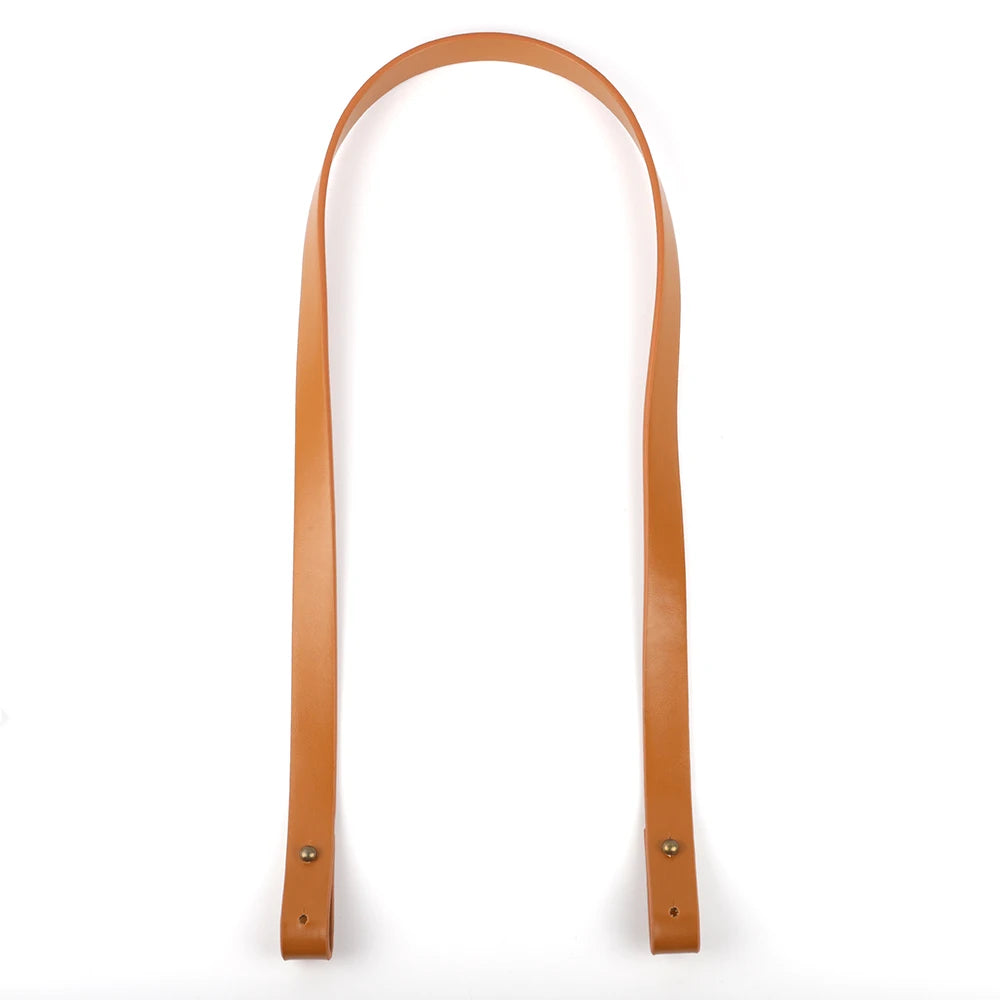 A tan PU leather crossbody strap is shown hanging vertically against a white background.
