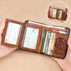 A brown genuine leather RFID blocking wallet is shown open, displaying various cards and documents.