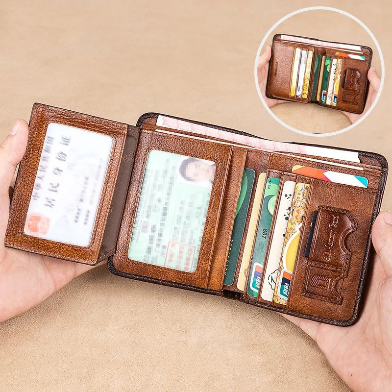 A brown genuine leather RFID blocking wallet is shown open, displaying various cards and documents.