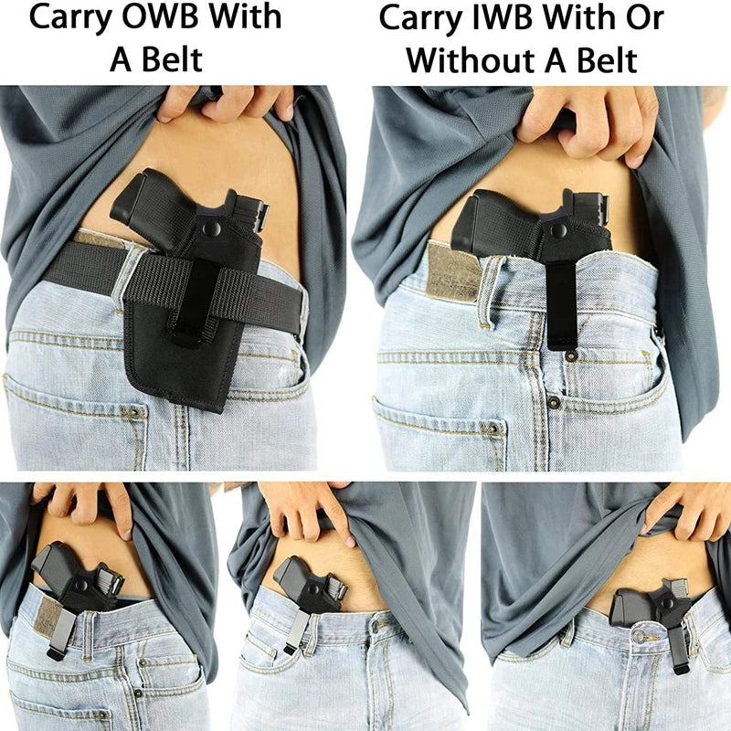 Comparison of carrying OWB and IWB concealed carry holsters with or without a belt.