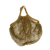A woven, reusable organic cotton mesh grocery tote bag in a natural brown color.