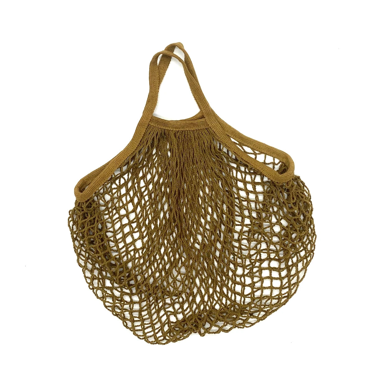 A woven, reusable organic cotton mesh grocery tote bag in a natural brown color.