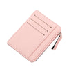 A pink PU leather card holder wallet with a zipper closure and keychain attached.