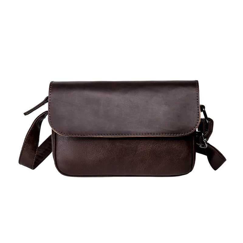 A dark brown retro PU leather crossbody shoulder bag for men with a flap and adjustable strap.