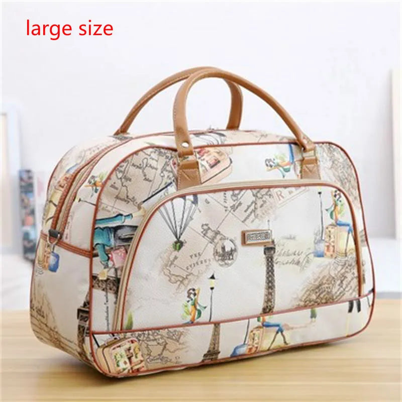 A beige PU leather travel duffel bag with brown handles and a map print design.