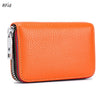 Orange genuine leather accordion card holder wallet with a silver zipper and black stitching