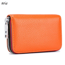 Cartera de cuero genuino naranja con acordeón, cremallera plateada y costura negra