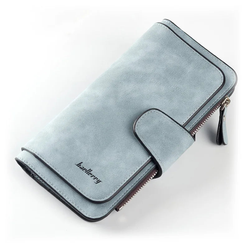 A light blue elegant PU leather card holder wallet with a zippered closure and a flap.