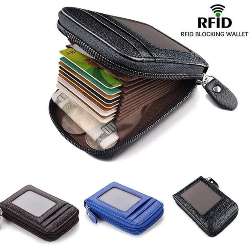 A collection of RFID blocking wallets including a black leather wallet and various card slots.