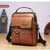 A light brown vintage PU leather crossbody messenger bag resting on a wooden surface.
