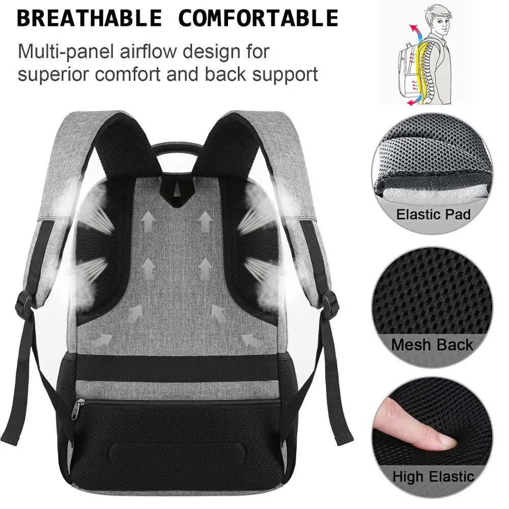 Gray and black multi-panel airflow laptop backpack with elastic pads and mesh back