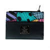A black PU leather wallet with a zipper closure featuring colorful patterned fabric accents.