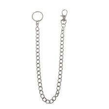 A silver adjustable metal chain with a loop for belts and keys.