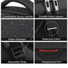 Close-up features of a black business travel laptop backpack showing handles, zippers, water resistance, and an adjustable st