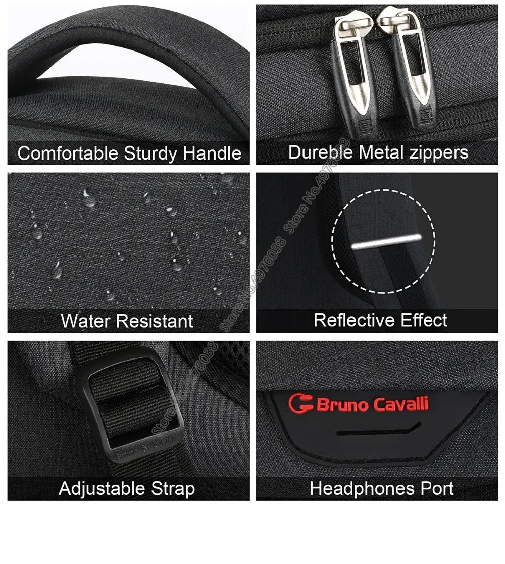 Close-up features of a black business travel laptop backpack showing handles, zippers, water resistance, and an adjustable st