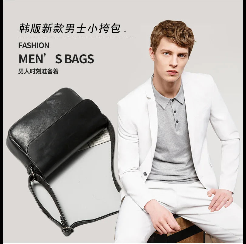 A male model wearing a white blazer and trousers posing with a black PU leather crossbody bag.