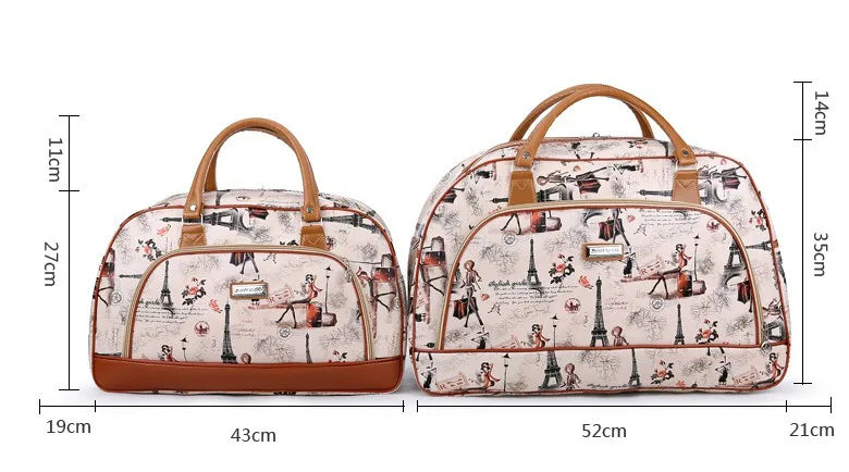 A beige PU leather travel duffel bag with brown handles and a floral cityscape pattern.