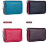 A collection of genuine leather accordion card holder wallets in blue, black, wine red, and orange colors.