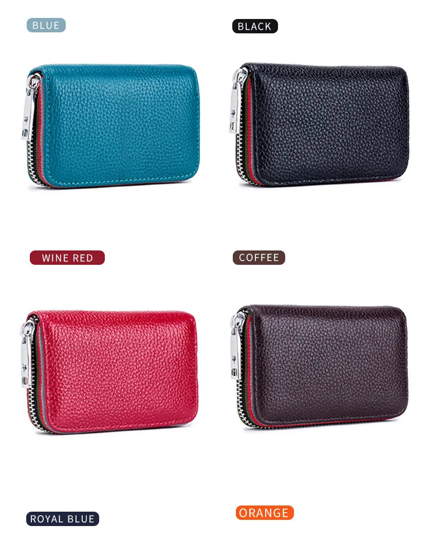 A collection of genuine leather accordion card holder wallets in blue, black, wine red, and orange colors.