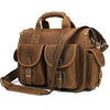 A brown genuine cowhide leather briefcase with multiple compartments and a leather strap.