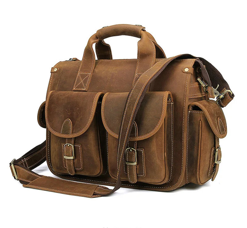 A brown genuine cowhide leather briefcase with multiple compartments and a leather strap.