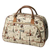 A beige PU leather travel duffel bag with brown leather handles and a patterned fabric design.