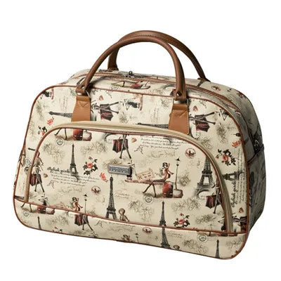 A beige PU leather travel duffel bag with brown leather handles and a patterned fabric design.