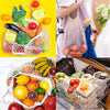 A collection of fresh fruits and vegetables displayed in a reusable organic cotton mesh grocery tote bag.