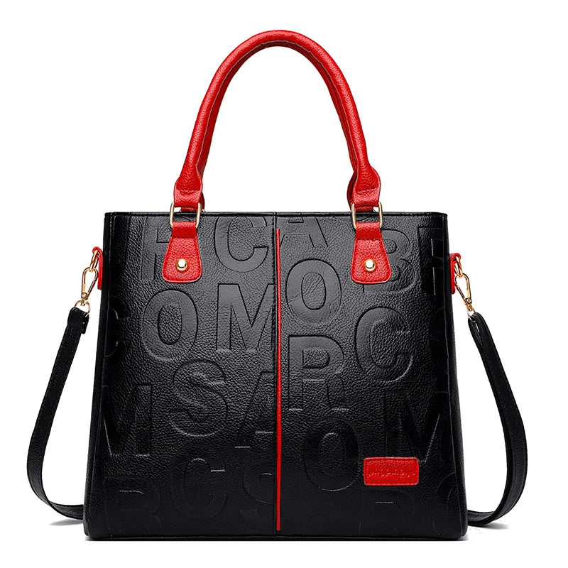 Sac bandoulière en cuir PU noir avec poignées et garnitures rouges