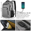 Gray business travel laptop backpack showing internal organization and external USB charging port.