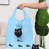Sac de shopping bleu clair réutilisable avec un dessin de chat et de poisson noir