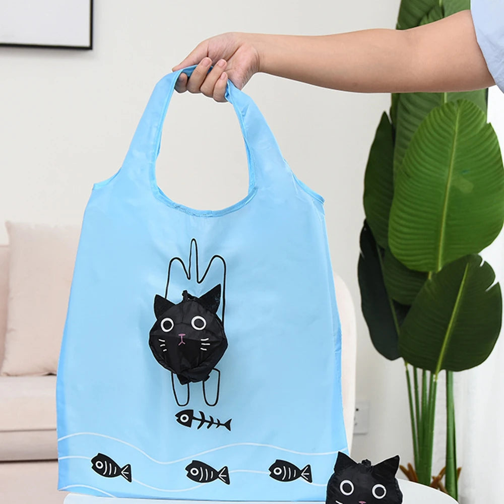Sac de shopping bleu clair réutilisable avec un dessin de chat et de poisson noir