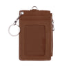 Brown PU leather card holder wallet with a silver keychain attached.