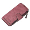 A mauve purple PU leather card holder wallet with a zipper closure and a flap.